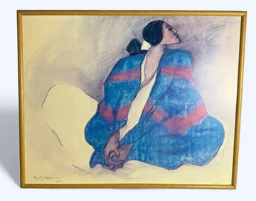 RC Gorman Rare "Woman in Blue Blanket" 1977 Print in genuine wood frame
