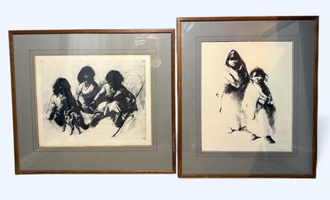 Vladan Stiha Signed Lithos Navajo Portrait "Kids with Goat" 36/150 & "Little Girls Sisters" 36/150