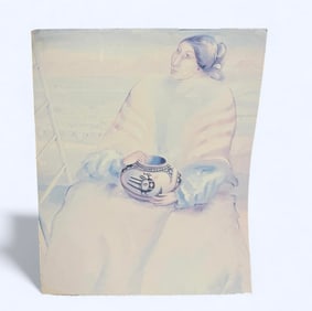 Native American Pueblo Woman With Pottery Lithograph Unknown Artist 16"x20"