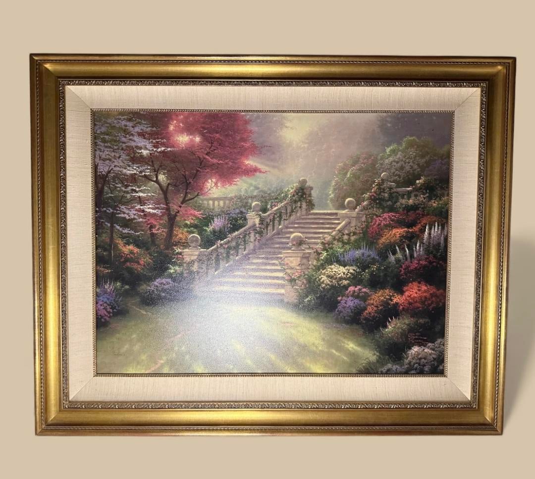 "Stairway To Paradise" By Thomas Kinkade 7/99 Original Painting on Canvas Extremely Limited Edition: 189 "Stairway To Paradise" By Thomas Kinkade 7/99 43.5"x35" Original Painting on canvas, Extremely Limited Edition, Professionally Mounted on Museum quality framing. COA. *The different photos were ta