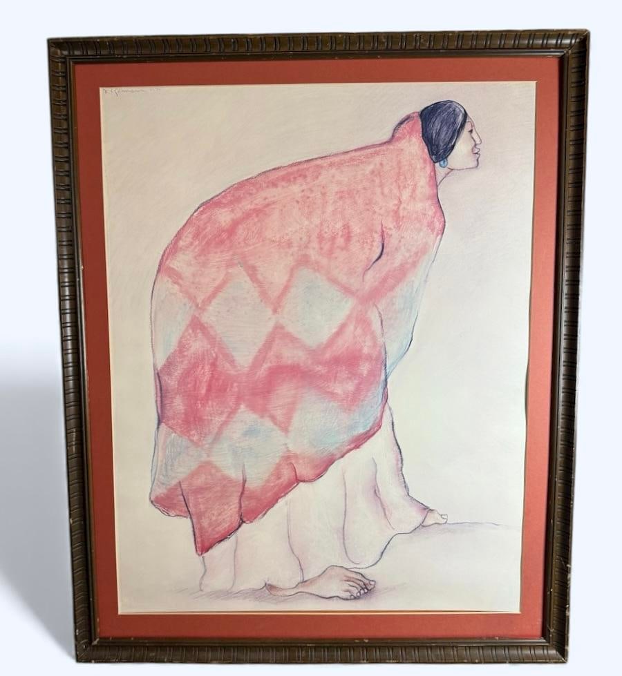 RC Gorman "Woman With Pendleton Blanket" Print Professionally Matted & Framed: 197 RC Gorman "Woman With Pendleton Blanket" 25"x31", Print Matted and Framed with UV Resistant glass and acid free materials