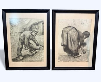 Set of Vincent Van Gogh Matching Framed Lithographs "A Peasant Working" & "Peasant Cleaning" Framed