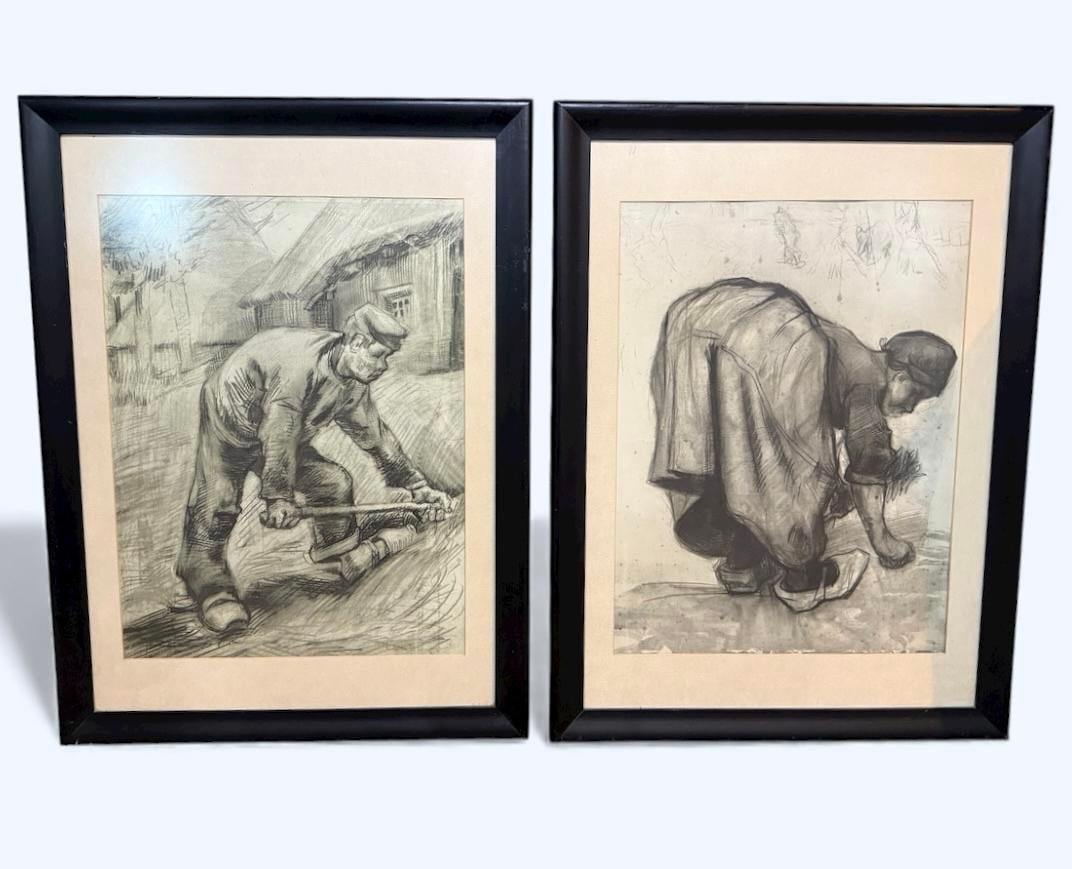 Set of Vincent Van Gogh Matching Framed Lithographs "A Peasant Working" & "Peasant Cleaning" Framed: 201-a. Vincent Van Gogh "A Peasant Working" 27"x19.5" 201-b. Vincent Van Gogh "Peasant Cleaning" 27"x19.5"; Set of Matching Lithographs, Professionally Matted and Framed Using UV resistant glass and a