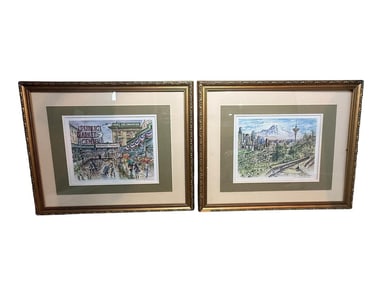 Sarah Clementson Yaeger Set of Signed Watercolor Paintings "Pine Place Market" & "Space Needle"
