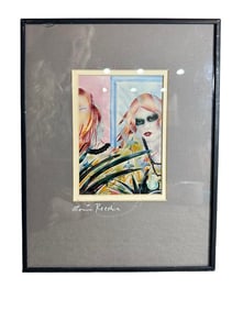 Louis Recchia "Woman in Mirror" Watercolor Original Art Signed By Artist Professionally Framed