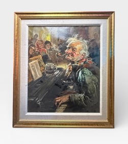 Giovanni Madonini "Old Drunk Man Playing Piano" Original Oil Painting on Stretched Canvas