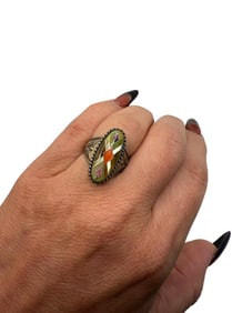 Carolyn Pollack Relios Sterling Silver 925 Tiger's Eye, Turquoise Spiny Oyster MOP Ring SZ 7.5