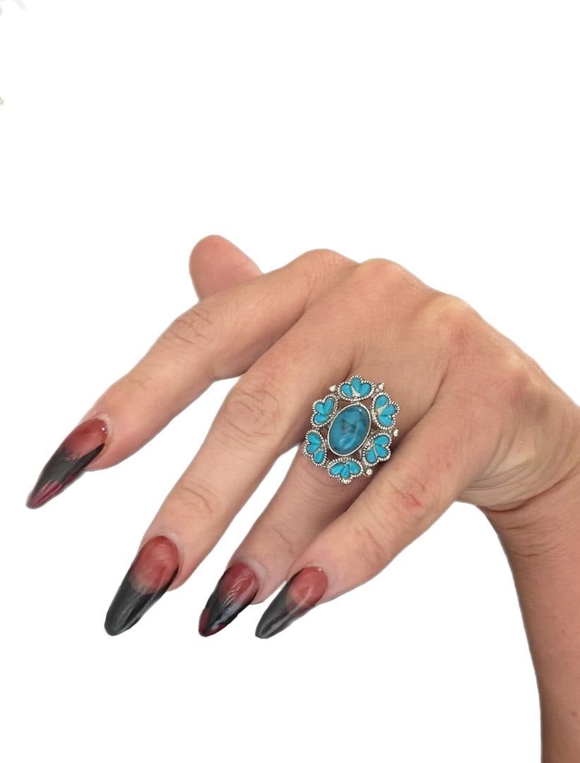 Oval Imitation Turquoise & Silvertone Cocktail Ring Size 7 & Adjustable Western Fashion Ring (1 of 7)