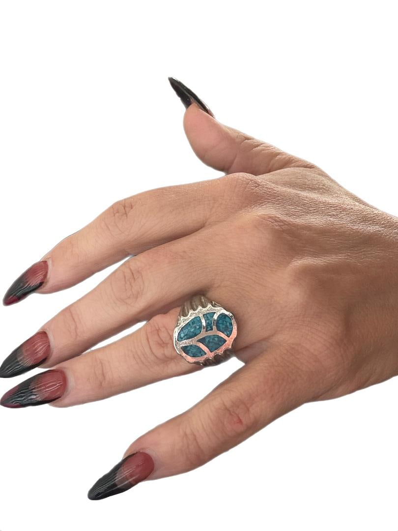 Vintage Intricate Native American Navajo Turquoise Inlay Sterling Silver 925 Ring Size 9; 13 GRAMS (1 of 5)