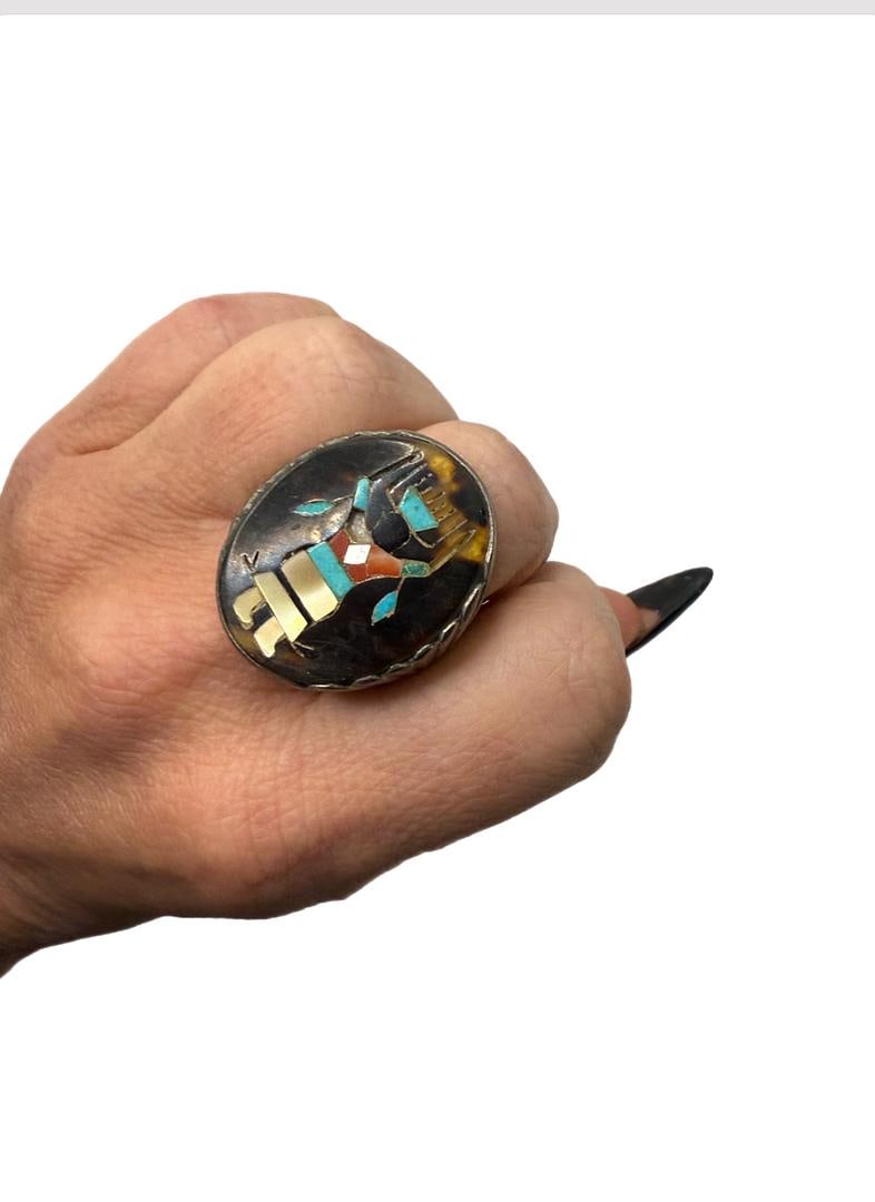 Zuni Handmade Native American Men's Ring, Apache Ghan Dancer, MOP, Abalone, Onyx, Coral 925 SZ 18 (1 of 6)