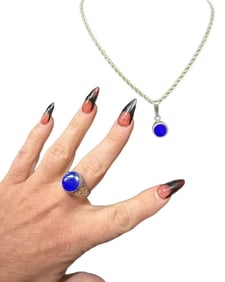 Vintage Lapis Lazuli & Sterling Silver 925 Pendant & 16" Rope Chain with Matching Ring SZ 11