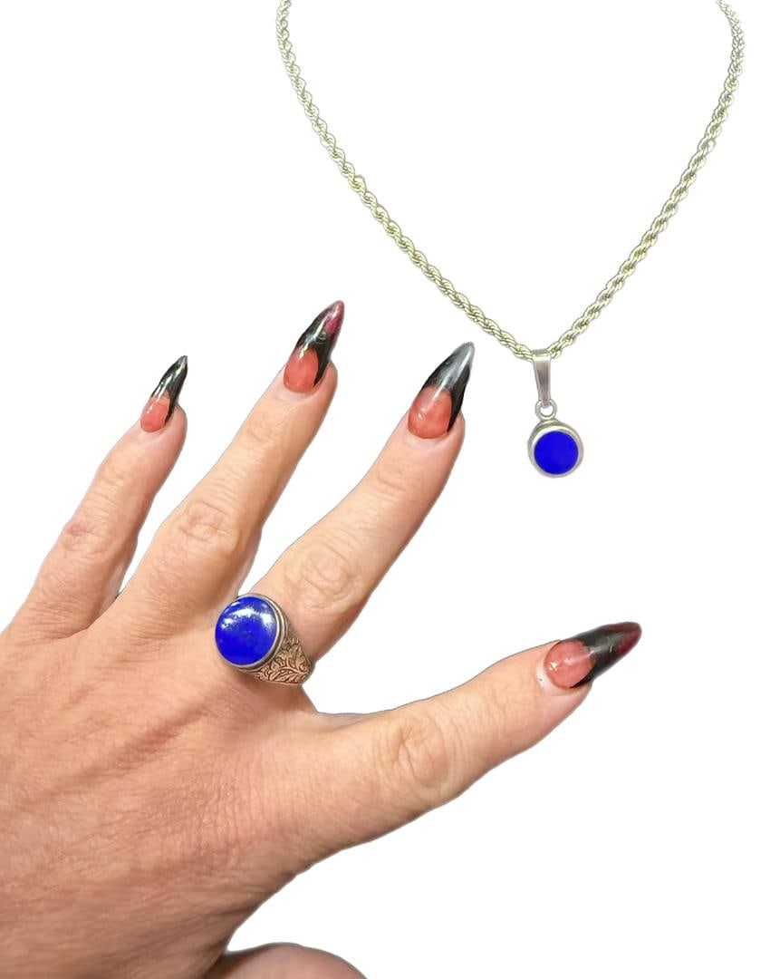 Vintage Lapis Lazuli & Sterling Silver 925 Pendant & 16" Rope Chain with Matching Ring SZ 11: 13-1 & 13-2 Vintage Lapis Lazuli & Sterling Silver 925 Pendant attached to a Sterling Silver 925 Rope Chain 16"; 7 GRAMS, with matching Sterling Silver Native American Lapis Lazuli Ring SIZE 11; 7 GRA