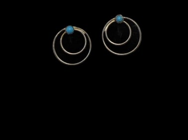 Genuine Kingman Turquoise Double Hoop Navajo Post Earrings Sterling Silver 925