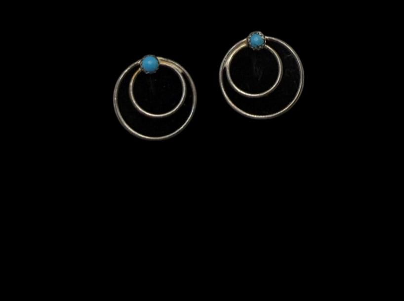 Genuine Kingman Turquoise Double Hoop Navajo Post Earrings Sterling Silver 925 (1 of 8)