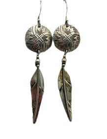 Sterling Silver Navajo Concho Feather and Shield Earrings; 6 GRAMS