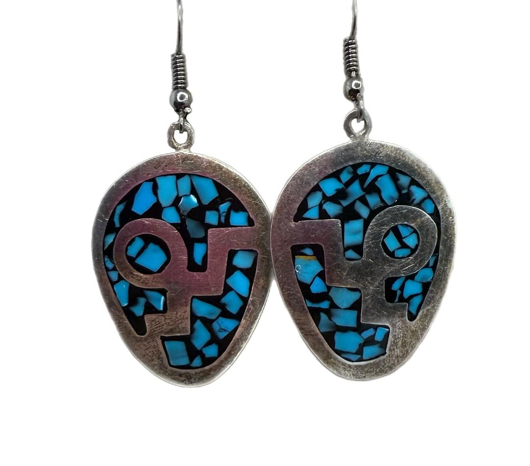 Vintage Southwestern Taxco Sterling Silver 925 Crushed Turquoise Mosaic Dangle Earrings M-08 (1 of 5)