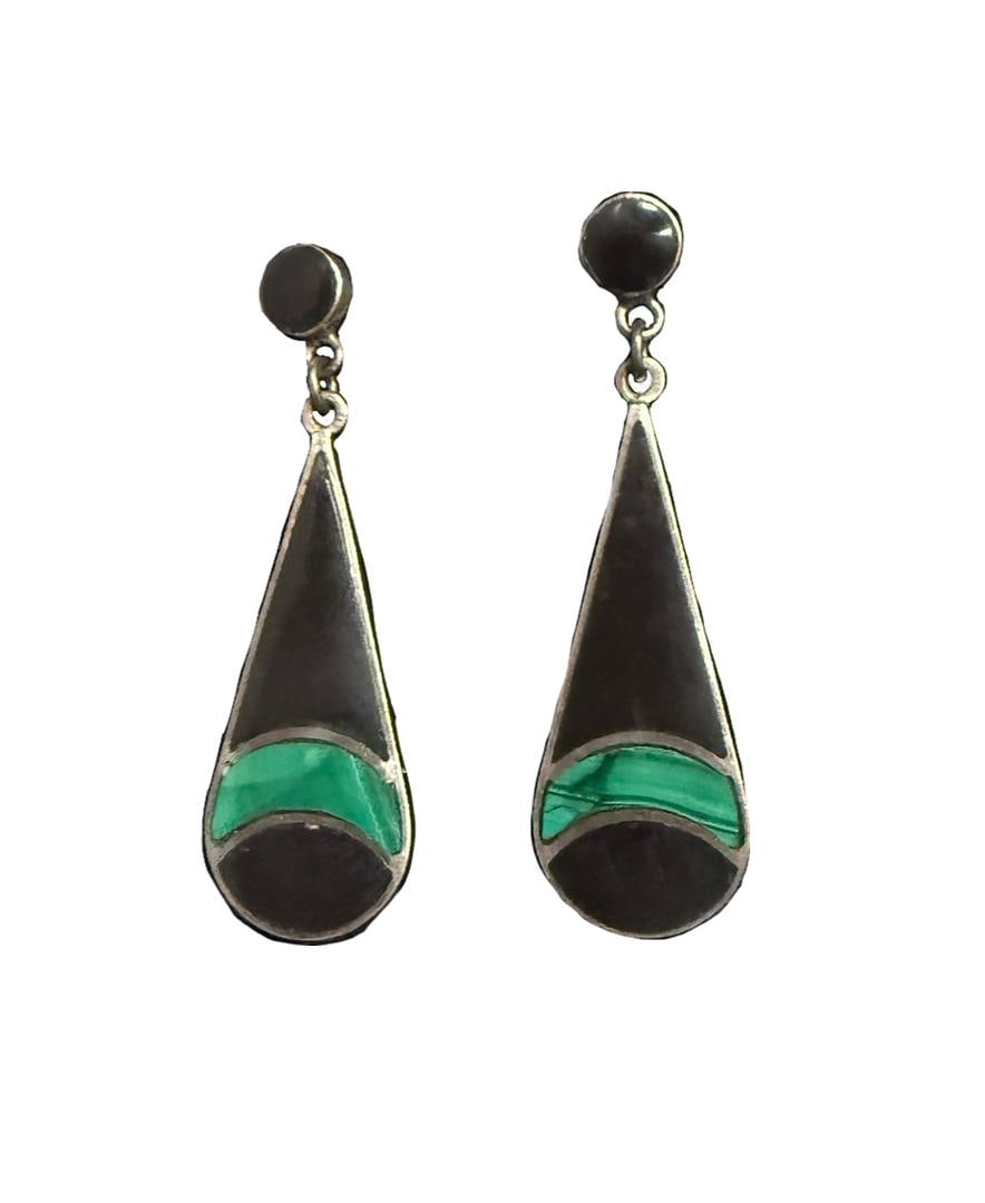 Vintage Navajo Sterling Silver Reversible Jet and Malachite Drop Earrings 1.5"; 4 GRAMS (1 of 7)