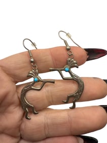 Vintage Navajo Turquoise Petit Point Kokopelli Earrings Native American Sterling Silver