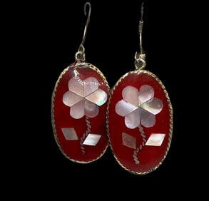 Mexican Silver Red Enamel Mother of Pearl Alpaca Earrings Stamped with Maker Mark
