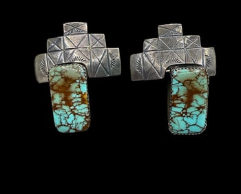 Genuine Old Pawn 1912 Sterling Silver Navajo Stud Earrings Spiderweb Turquoise 54 Carat