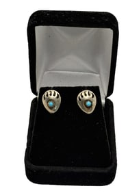 Vintage Navajo Bear Claw Earrings Turquoise & Sterling Silver; 2 GRAMS