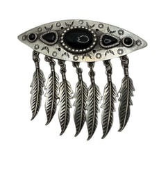 Vintage JJ Hallmark Maker Mark 1988 Native American Tremble Feather Dangle Brooch Pin Black Onyx 3"