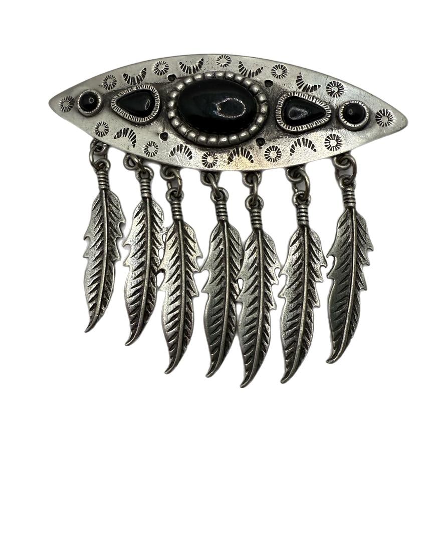 Vintage JJ Hallmark Maker Mark 1988 Native American Tremble Feather Dangle Brooch Pin Black Onyx 3" (1 of 5)