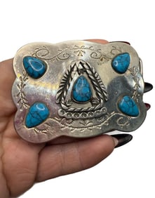 Nickel & Turquoise Western Native American Inspired 80s Vintage Belt Buckle