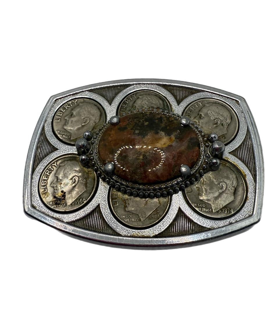 Western Moss Agate Cabochon and 6 Vintage Dime Belt Buckle 3"x2.25": 44 Western Moss Agate Cabochon and 6 Vintage Dime Belt Buckle 3"x2.25"