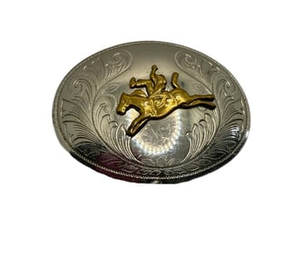 Western Rodeo Belt Buckle Silver Nickel Cowboy Silvertone and Goldtone