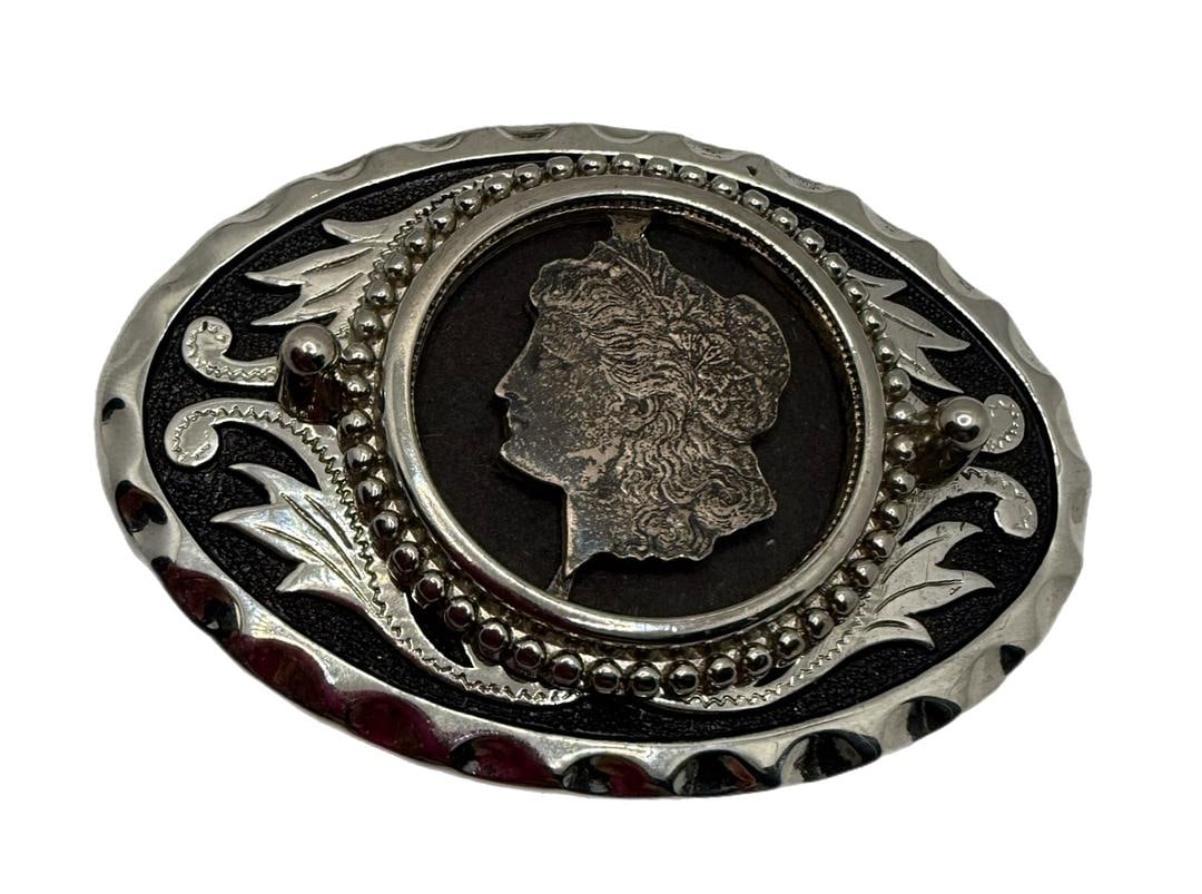 Vintage Oval Belt Buckle With Morgan Dollar Sterling Silver Buckle Western Cut out Coin - 2