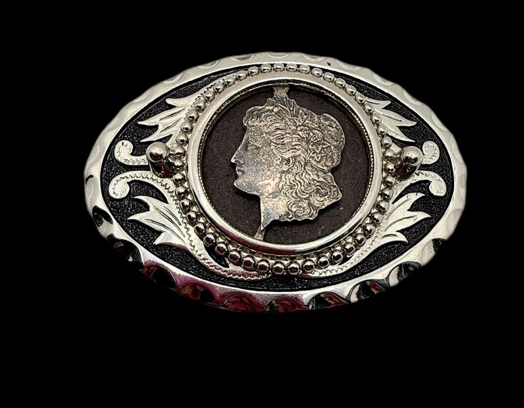 Vintage Oval Belt Buckle With Morgan Dollar Sterling Silver Buckle Western Cut out Coin - 5