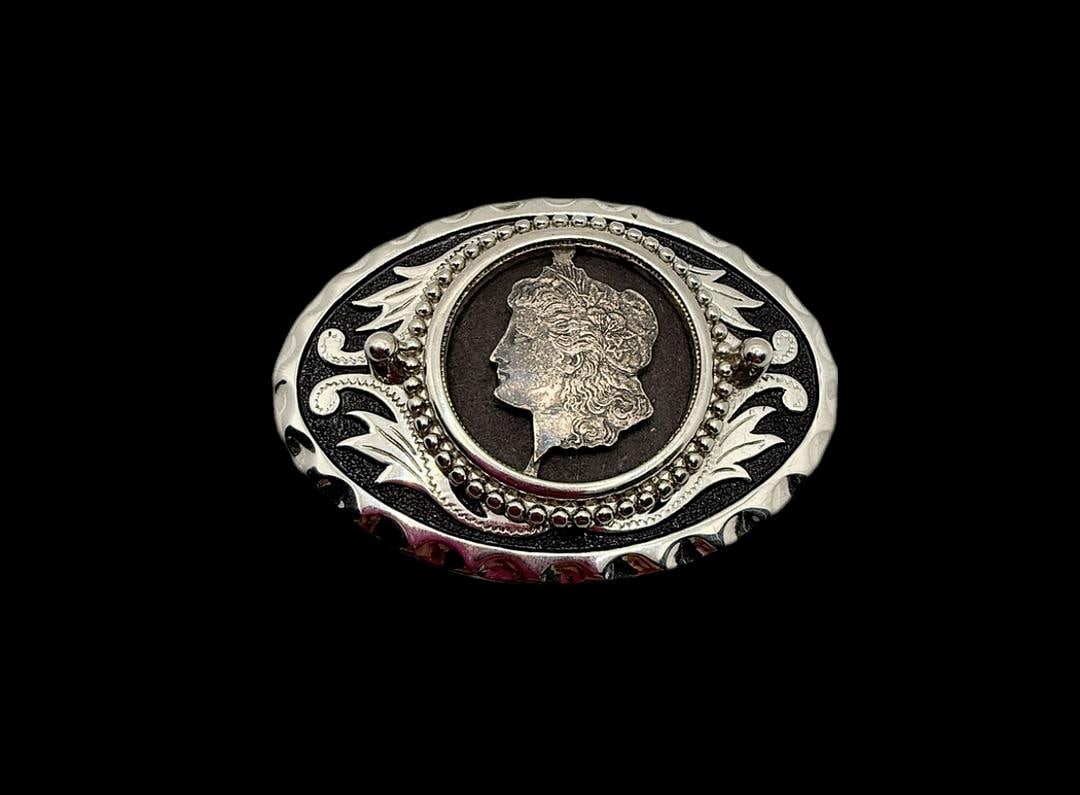 Vintage Oval Belt Buckle With Morgan Dollar Sterling Silver Buckle Western Cut out Coin - 6