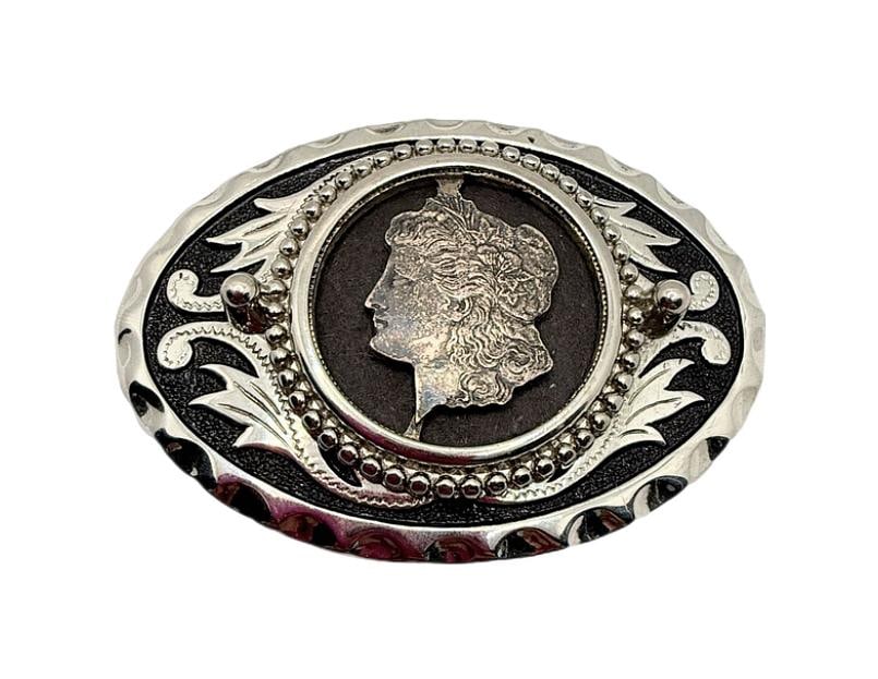 Vintage Oval Belt Buckle With Morgan Dollar Sterling Silver Buckle Western Cut out Coin - 7