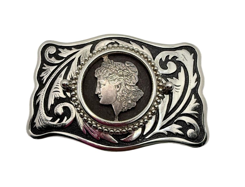 Vintage Rectangular Belt Buckle With Morgan Dollar Cut Out Sterling Silver Belt Buckle: 48 Vintage Rectangular Belt Buckle With Morgan Dollar Sterling Silver 925 (The Coin is silver Not the buckle) Western Cut Out Coin 3.75"x2.75"