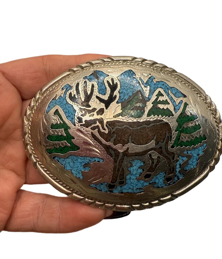 Crushed Turquoise & Coral Deer/Buck Naive American Indian Style SSI Belt Buckle: 51 Crushed Turquoise & Coral Deer/Buck Naive American Indian Style SSI Belt Buckle 4.25"x3.25" Western Accessories