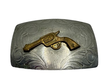Western Vintage Belt Buckle Pistol/Revolver Justin Nickel Silver 2 Tone