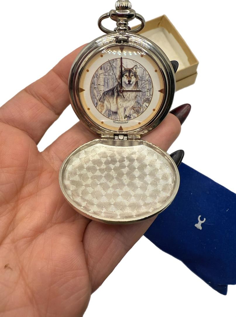 Westminster Quartz Pocket Watch Wolf Wildlife Pocket Watch Collection New in Original Box: 55 Westminster Quartz Pocket Watch Wolf Wildlife Pocket Watch Collection New in Original Box with Original Paperwork, Unchecked Possibly needs new Battery