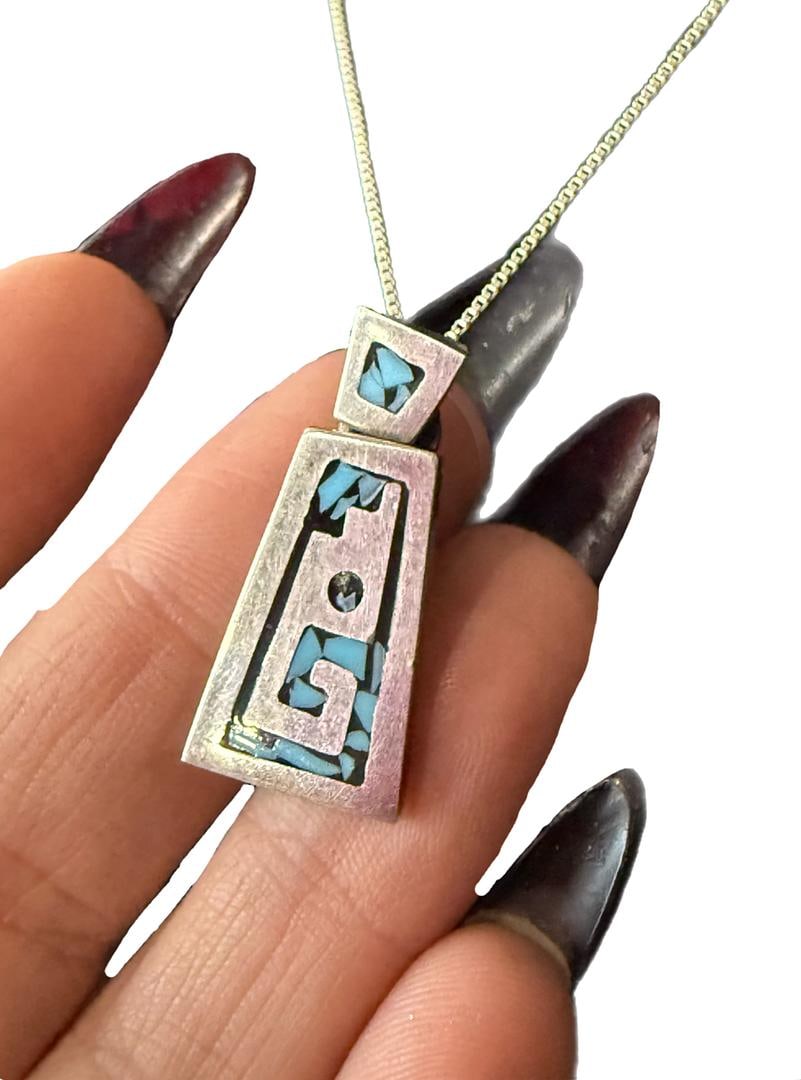 Vintage Sterling Silver Taxco Mexico Turquoise Mosaic Pendant & 18" Box Chain: 57 Vintage Sterling Silver 925 Taxco Mexico Turquoise Mosaic Pendant 1.25" 18" Sterling Silver 925 Box Chain; 7 GRAMS
