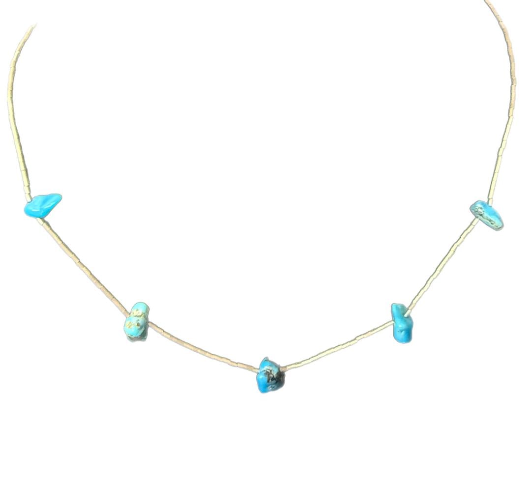 Vintage Sterling Silver & Turquoise Nugget Navajo Necklace Liquid Silver Beads: 66 Vintage Sterling Silver 925 and Turquoise Nugget Navajo Necklace Liquid Silver Beads; Very High Quality Turquoise; 5 GRAMS