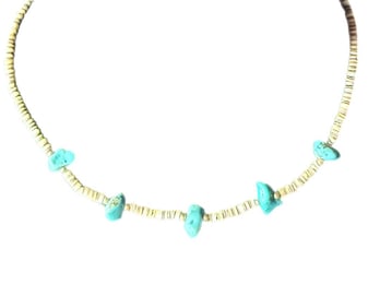 Vintage Native American Navajo Necklace Choker 14" Heishi Shell, Sterling Silver, Turquoise Nugget