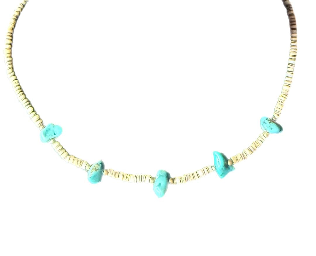 Vintage Native American Navajo Necklace Choker 14" Heishi Shell, Sterling Silver, Turquoise Nugget: 67 Vintage Native American Navajo Necklace Choker 14" Heishi Shell, Sterling Silver 925, & Old Royston Turquoise Nugget; 7 GRAMS