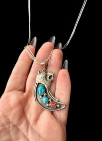 Vtg Running Bear Navajo Sterling Pendant Turquoise & Coral on 29" 3 Strand Liquid Silver Necklace