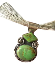 Rare Gaspeite Running Bear Pendant Set in Sterling with 30" 20 Strand Liquid Silver Necklace Navajo