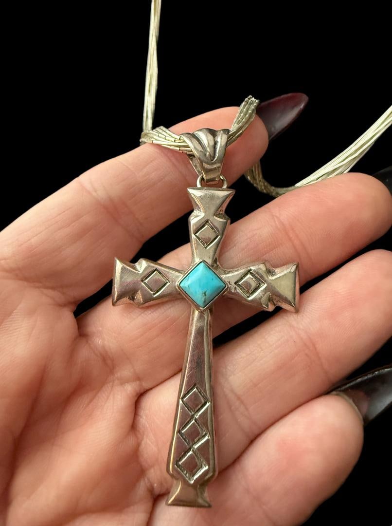Handmade Navajo Turquoise Cross Pendant on 24" 10 Strand Liquid Silver Necklace Native American (1 of 8)