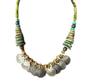 Vintage Authentic Navajo Turquoise Sterling Graduated Beaded Necklace Coral & Buffalo Nickels