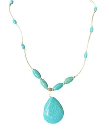 Western Faux Turquoise and Silver Beaded Teardrop Pendant Women's Fashion Necklace