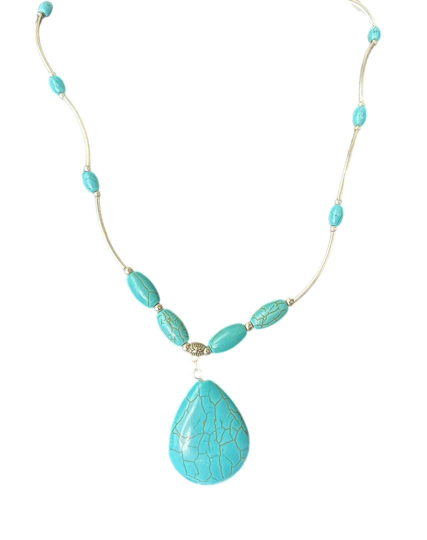 Western Faux Turquoise and Silver Beaded Teardrop Pendant Women's Fashion Necklace (1 of 5)