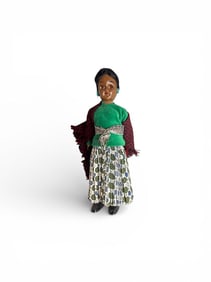 Vintage Native American Carlson Doll With Turquoise Beaded Earrings & Pleated Skirt, Shall