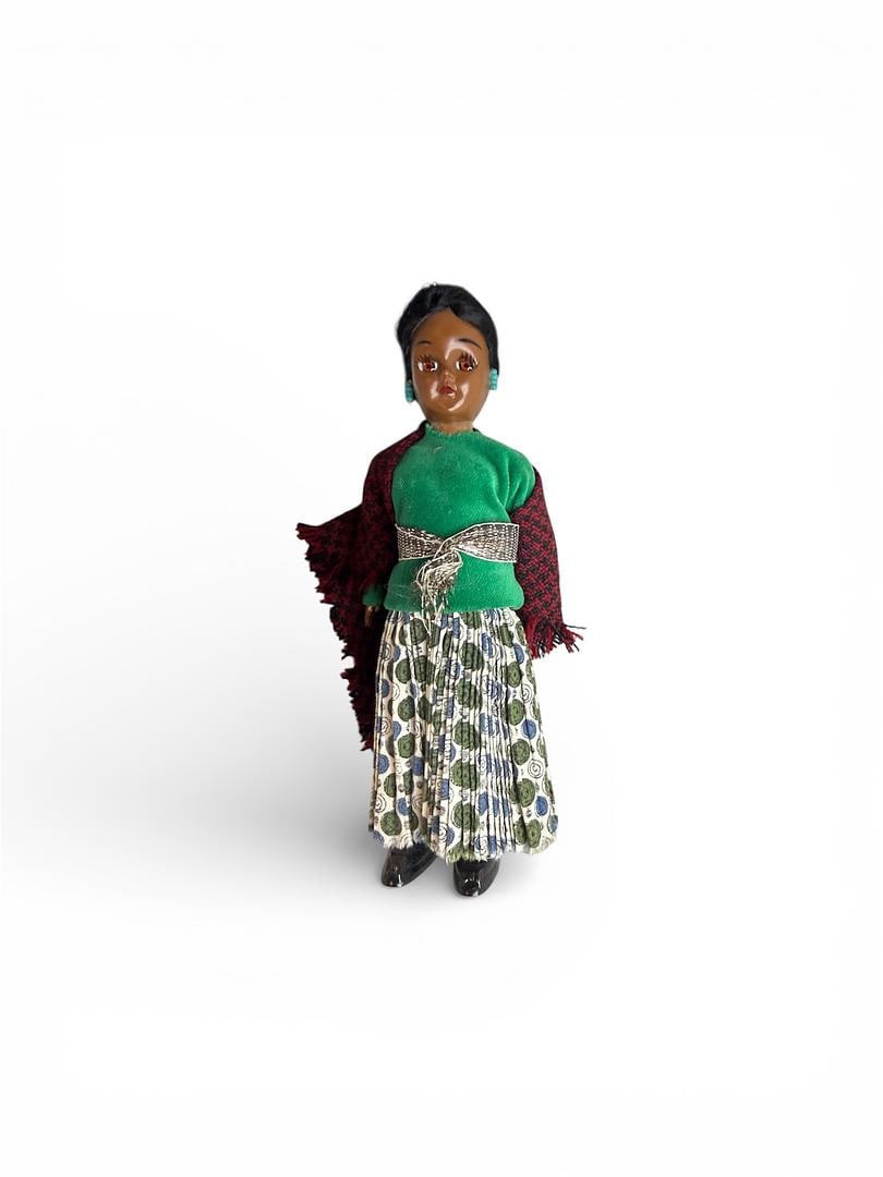 Vintage Native American Carlson Doll With Turquoise Beaded Earrings & Pleated Skirt, Shall (1 of 4)